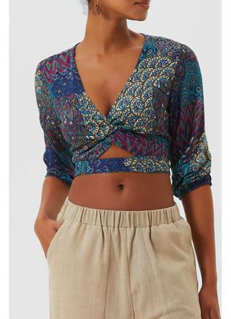 Düğüm Detaylı Pencereli Bohem Crop Bluz Turkuaz