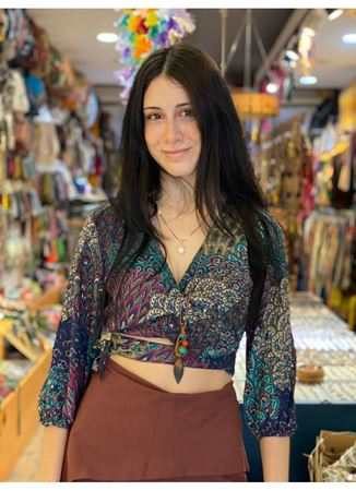 Düğüm Detaylı Pencereli Bohem Crop Bluz Turkuaz