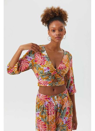 Düğüm Detaylı Pencereli Bohem Crop Bluz Hardal