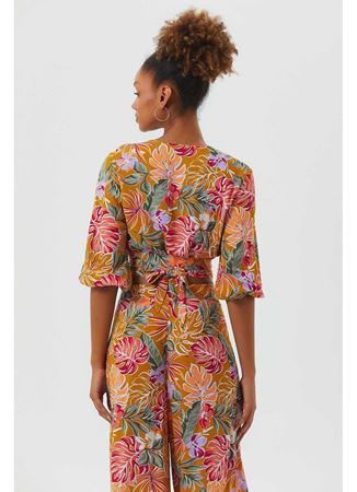 Düğüm Detaylı Pencereli Bohem Crop Bluz Hardal