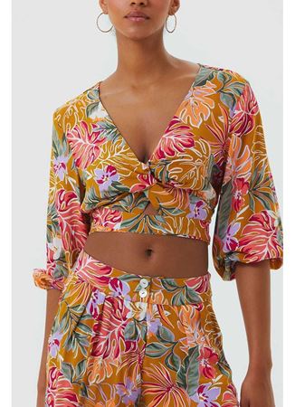 Düğüm Detaylı Pencereli Bohem Crop Bluz Hardal