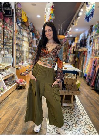 Cep Detaylı Dökümlü Şalvar Haki