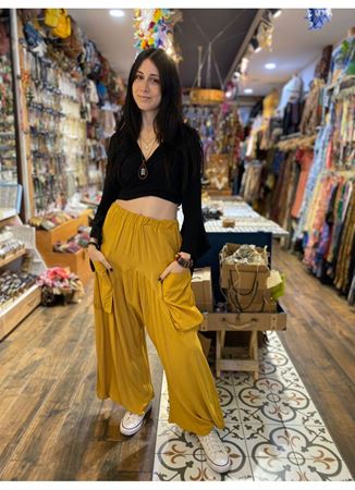 Cep Detaylı Dökümlü Şalvar Sarı