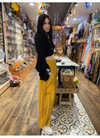 Cep Detaylı Dökümlü Şalvar Sarı