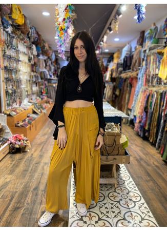 Cep Detaylı Dökümlü Şalvar Sarı