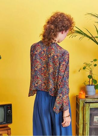 Truvakar Kol Bohem Stil Kırmızı Çiçekli Şifon Bluz