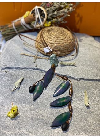 El İşi Özel Tasarım Doğal taşlı Deri Yapraklı Kolye