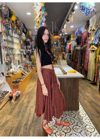 Beli Bağlamalı Salaş Midi Mavi Desenli Kloş Etek