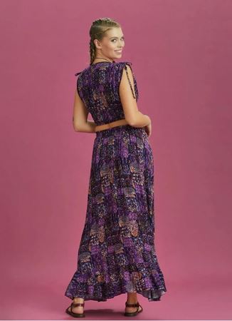 Derin Ön Yırtmaçlı Fırfırlı Çiçekli Çingene Etek