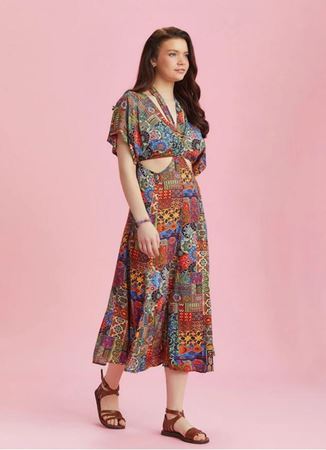 Sırt Pencereli Etnik Desenli Cut Out Bohem Elbise