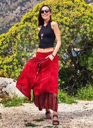 Katlı Beli Bağcıklı Düğmeli Çizgili Uzun Etek