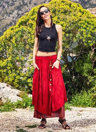 Katlı Beli Bağcıklı Düğmeli Çizgili Uzun Etek