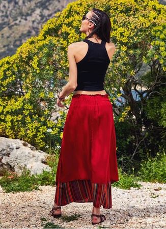 Katlı Beli Bağcıklı Düğmeli Çizgili Uzun Etek