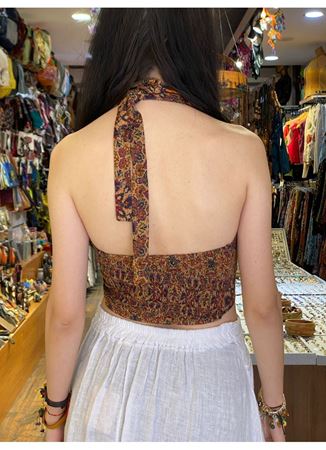 Boyundan Bağlamalı Mor Desenli Crop Bluz