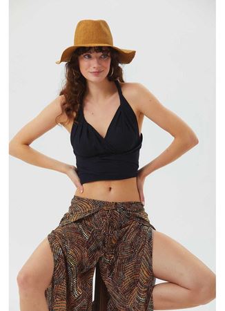 Bağlamalı Sırt Detaylı Şık Bohem Crop Bluz Siyah