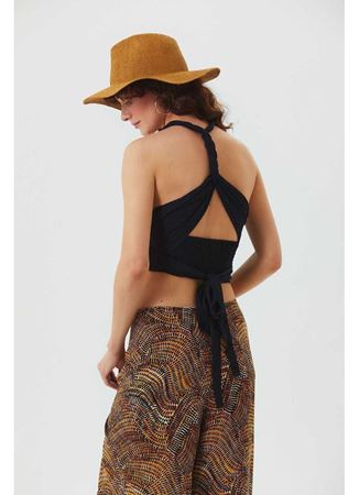 Bağlamalı Sırt Detaylı Şık Bohem Crop Bluz Siyah