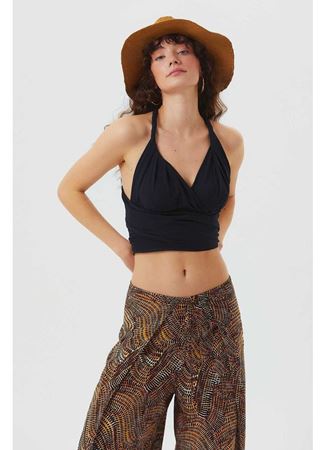 Bağlamalı Sırt Detaylı Şık Bohem Crop Bluz Siyah