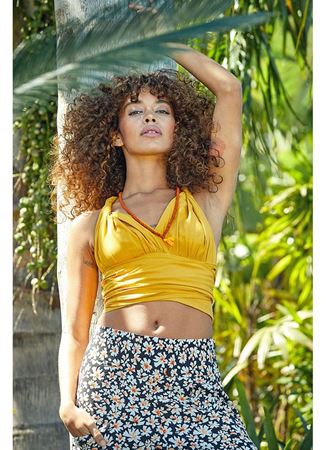 Bağlamalı Sırt Detaylı Şık Bohem Crop Bluz Sarı