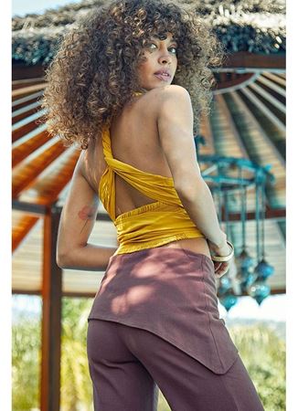 Bağlamalı Sırt Detaylı Şık Bohem Crop Bluz Sarı