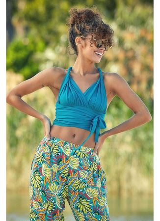 Bağlamalı Sırt Detaylı Şık Bohem Crop Bluz Turkuaz