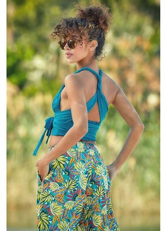 Bağlamalı Sırt Detaylı Şık Bohem Crop Bluz Turkuaz