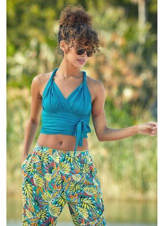 Bağlamalı Sırt Detaylı Şık Bohem Crop Bluz Turkuaz