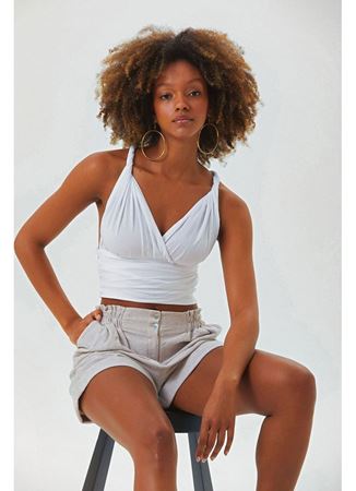 Bağlamalı Sırt Detaylı Şık Bohem Crop Bluz Beyaz