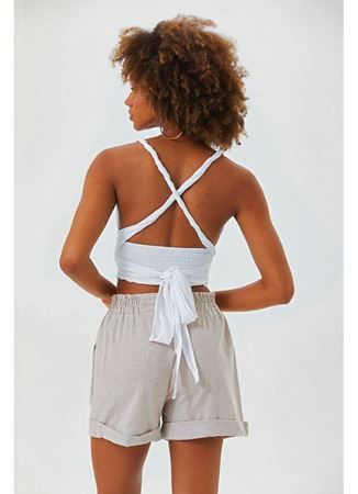 Bağlamalı Sırt Detaylı Şık Bohem Crop Bluz Beyaz