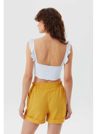 Kalp Yaka Fırfırlı Askılı Bohem Crop Bluz Beyaz