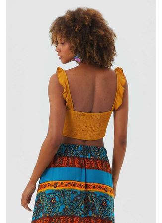 Kalp Yaka Fırfırlı Askılı Bohem Crop Bluz Sarı