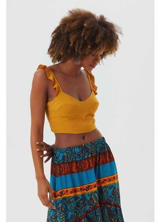 Kalp Yaka Fırfırlı Askılı Bohem Crop Bluz Sarı