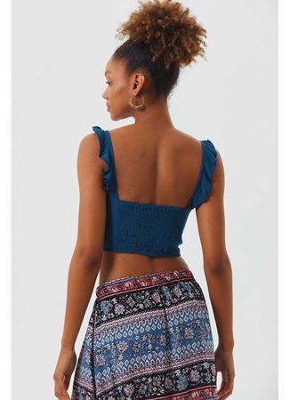 Kalp Yaka Fırfırlı Askılı Bohem Crop Bluz Lacivert