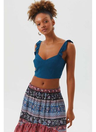Kalp Yaka Fırfırlı Askılı Bohem Crop Bluz Lacivert