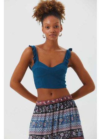 Kalp Yaka Fırfırlı Askılı Bohem Crop Bluz Lacivert