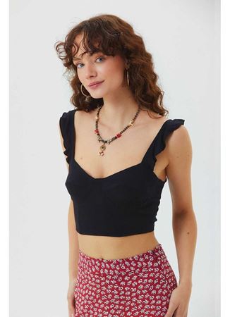 Kalp Yaka Fırfırlı Askılı Bohem Crop Bluz Siyah
