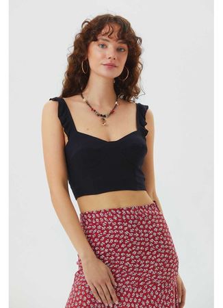 Kalp Yaka Fırfırlı Askılı Bohem Crop Bluz Siyah