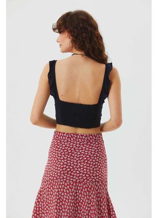 Kalp Yaka Fırfırlı Askılı Bohem Crop Bluz Siyah