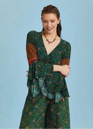 Yeşil Çiçekli Desenli İspanyol Kol Crop Bluz