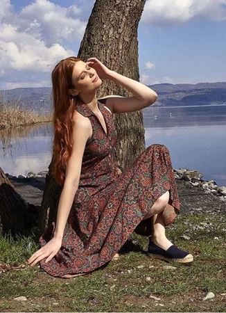 Etnik Desenli Gömlek Yaka Bohem Elbise