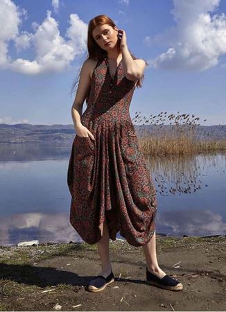 Etnik Desenli Gömlek Yaka Bohem Elbise