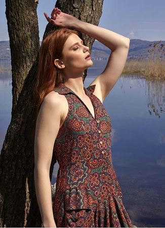 Etnik Desenli Gömlek Yaka Bohem Elbise