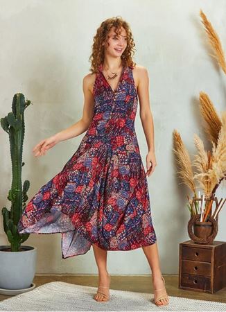 Kırmızı Desenli Gömlek Yaka Bohem Elbise