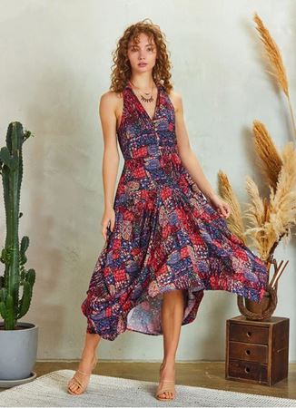 Kırmızı Desenli Gömlek Yaka Bohem Elbise