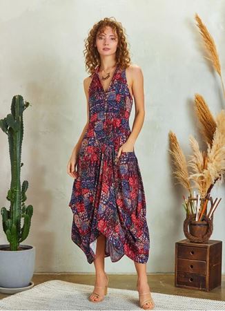 Kırmızı Desenli Gömlek Yaka Bohem Elbise