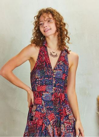 Kırmızı Desenli Gömlek Yaka Bohem Elbise