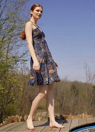 İndigo Desenli Dantel Yaka Askılı Yazlık Elbise