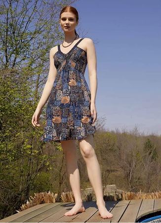 İndigo Desenli Dantel Yaka Askılı Yazlık Elbise