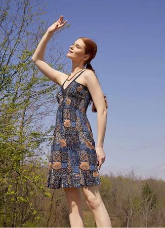 İndigo Desenli Dantel Yaka Askılı Yazlık Elbise