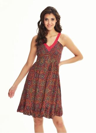 Retro Desenli Dantel Yaka Fırfırlı Kahve Elbise