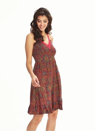 Retro Desenli Dantel Yaka Fırfırlı Kahve Elbise